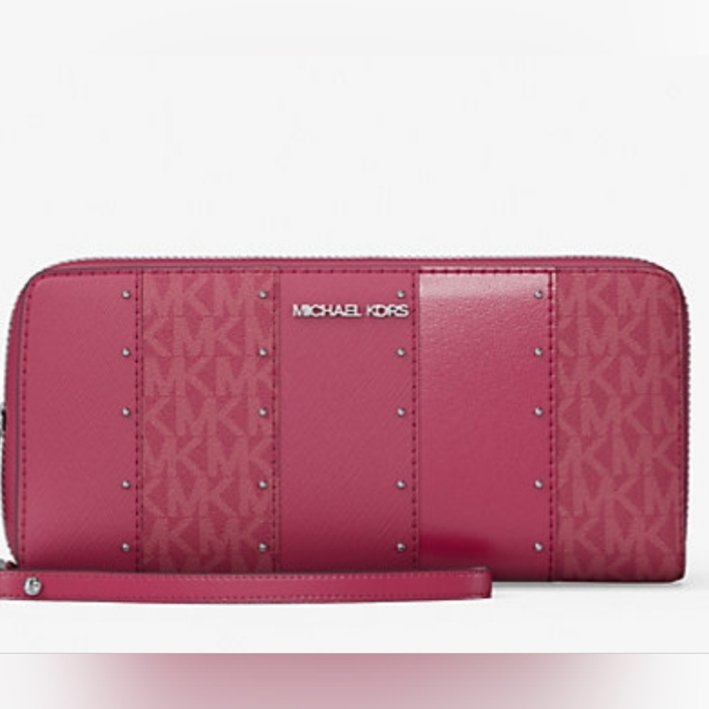 Michael Kors Jet Set Large Studded Patchwork And Canvas Continental Wallet